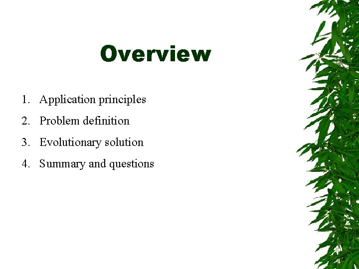 Overview 1. Application principles 2. Problem definition 3. Evolutionary solution 4. Summary and questions