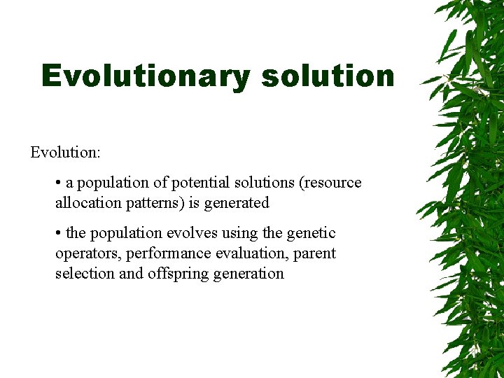 Evolutionary solution Evolution: • a population of potential solutions (resource allocation patterns) is generated