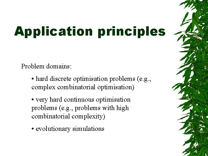 Application principles Problem domains: • hard discrete optimisation problems (e. g. , complex combinatorial
