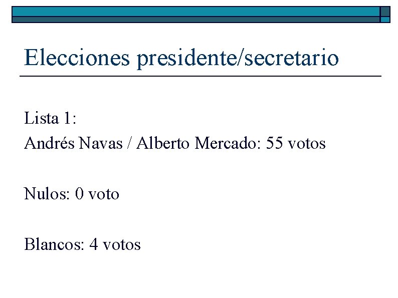 Elecciones presidente/secretario Lista 1: Andrés Navas / Alberto Mercado: 55 votos Nulos: 0 voto Elecciones presidente/secretario Lista 1: Andrés Navas / Alberto Mercado: 55 votos Nulos: 0 voto