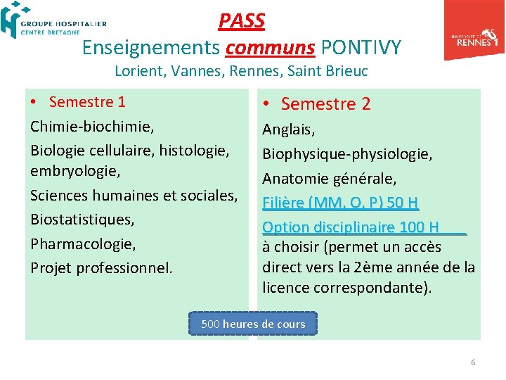 PASS Enseignements communs PONTIVY Lorient, Vannes, Rennes, Saint Brieuc • Semestre 1 Chimie-biochimie, Biologie