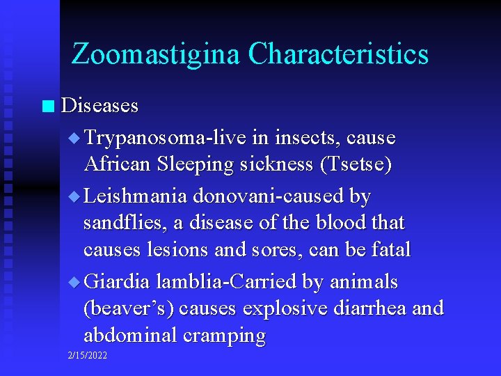 Zoomastigina Characteristics n Diseases u Trypanosoma-live in insects, cause African Sleeping sickness (Tsetse) u