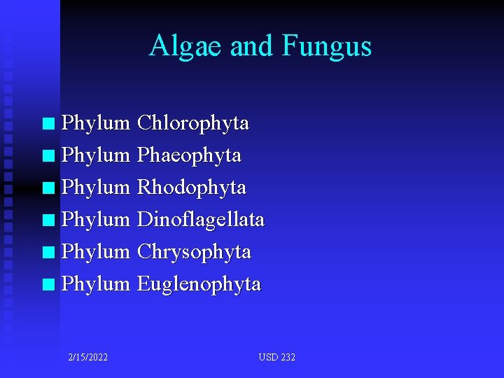 Algae and Fungus Phylum Chlorophyta n Phylum Phaeophyta n Phylum Rhodophyta n Phylum Dinoflagellata