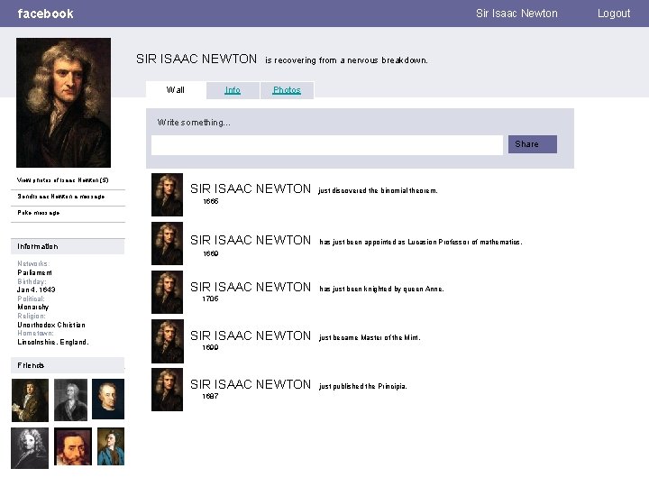 facebook Sir Isaac Newton SIR ISAAC NEWTON Wall Info is recovering from a nervous