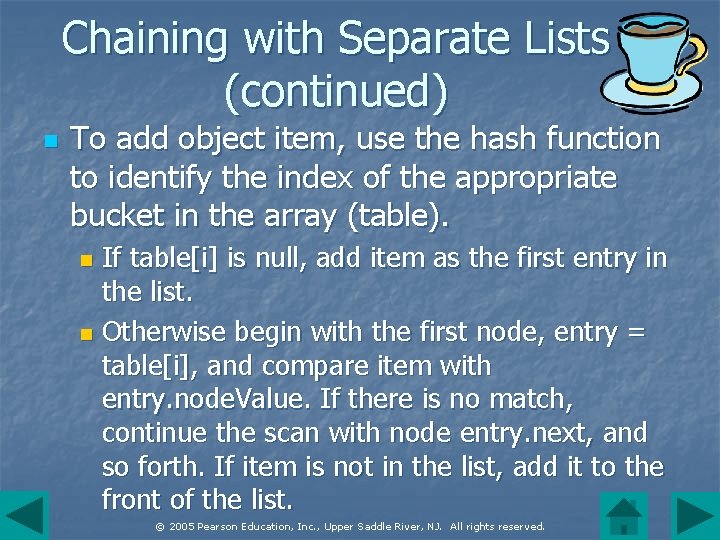 Chaining with Separate Lists (continued) n To add object item, use the hash function