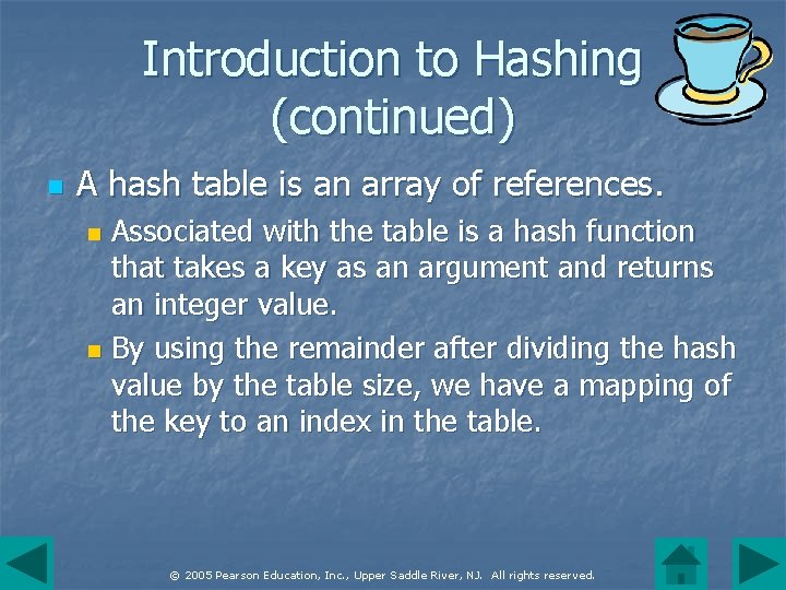 Introduction to Hashing (continued) n A hash table is an array of references. Associated