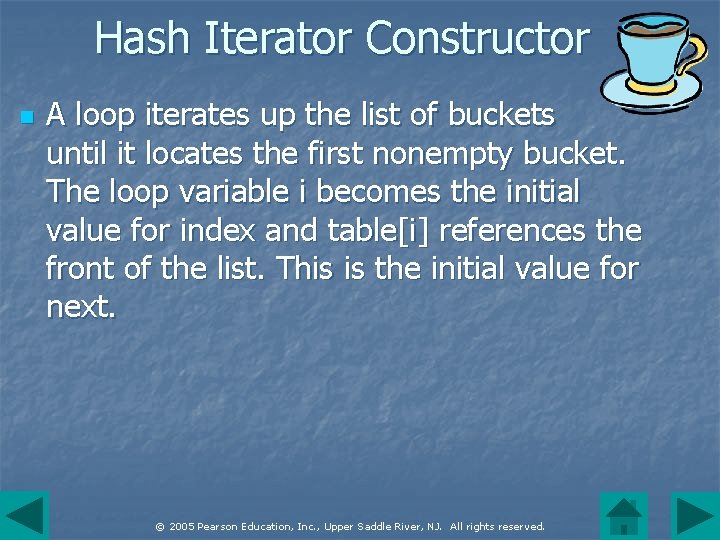 Hash Iterator Constructor n A loop iterates up the list of buckets until it
