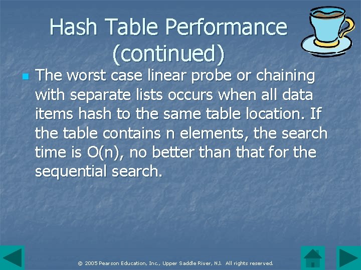 Hash Table Performance (continued) n The worst case linear probe or chaining with separate