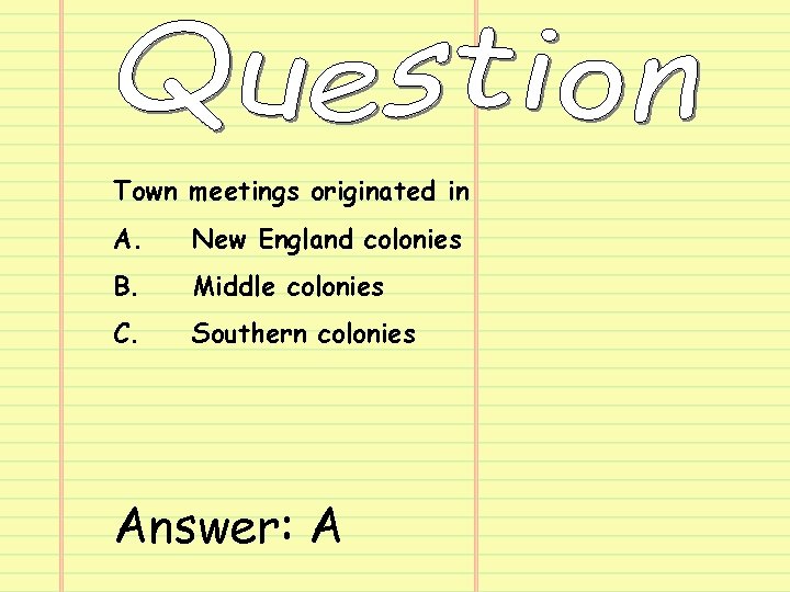Town meetings originated in A. New England colonies B. Middle colonies C. Southern colonies