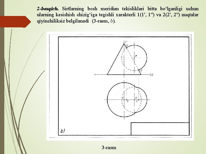 2 -bosqich. Sirtlarning bosh meridian tekisliklari bitta bo‘lganligi uchun ularning kesishish chizig‘iga tegishli xarakterli