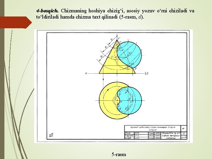 4 -bosqich. Chizmaning hoshiya chizig‘i, asosiy yozuv o‘rni chiziladi va to‘ldiriladi hamda chizma taxt