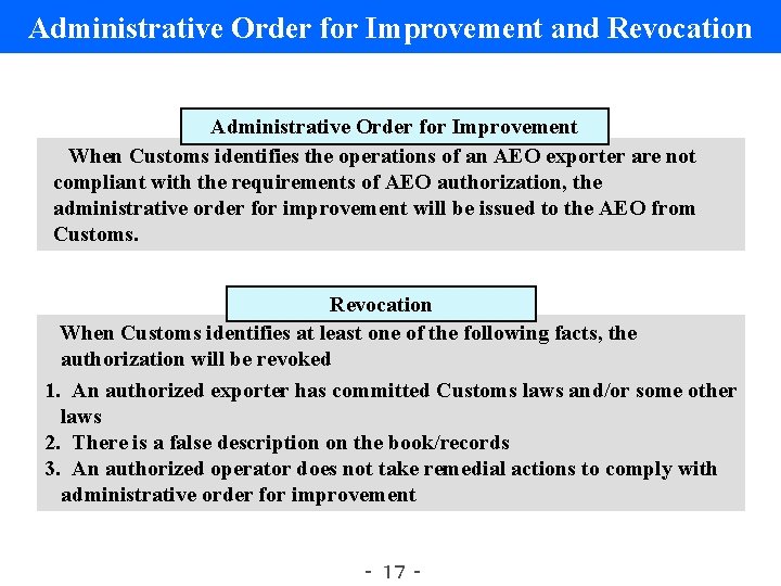 Administrative Order for Improvement and Revocation Administrative Order for Improvement When Customs identifies the