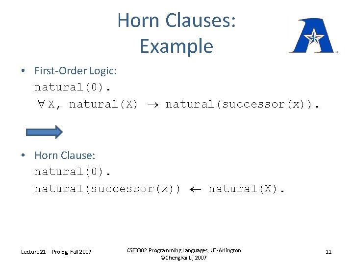 Horn Clauses: Example • First-Order Logic: natural(0). X, natural(X) natural(successor(x)). • Horn Clause: natural(0).