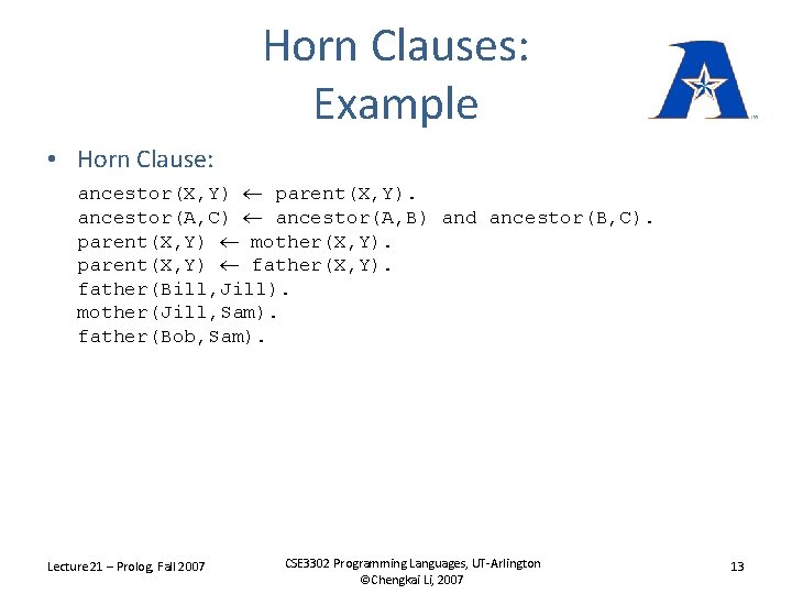 Horn Clauses: Example • Horn Clause: ancestor(X, Y) parent(X, Y). ancestor(A, C) ancestor(A, B)