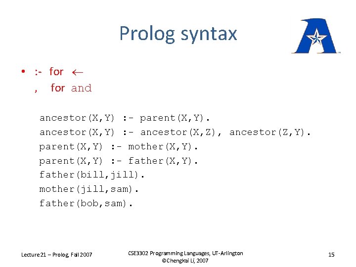 Prolog syntax • : - for , for and ancestor(X, Y) : - parent(X,