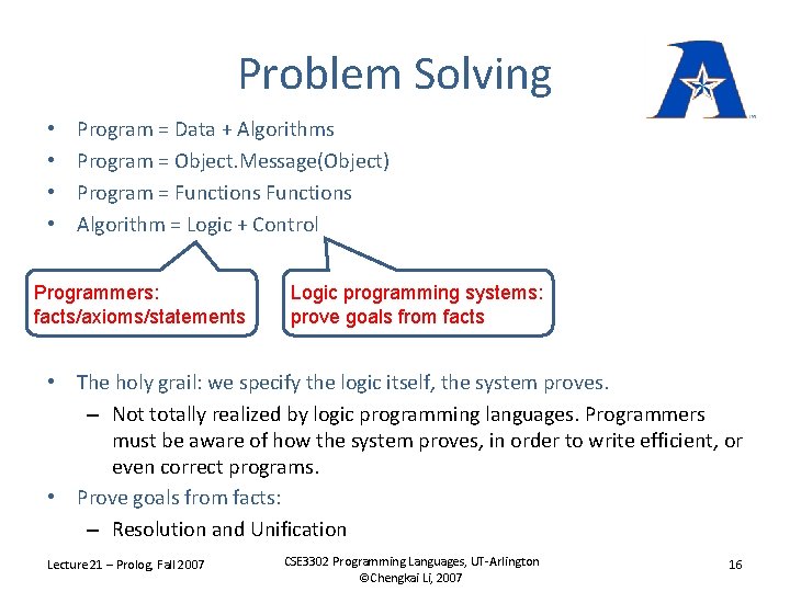 Problem Solving • • Program = Data + Algorithms Program = Object. Message(Object) Program