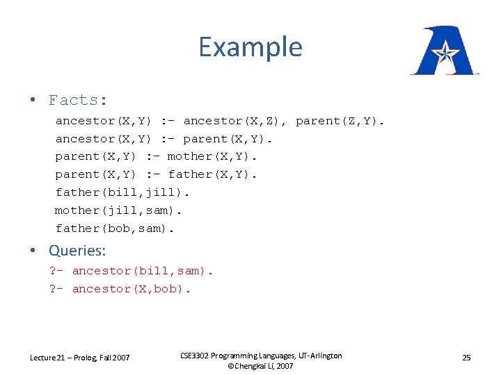 Example • Facts: ancestor(X, Y) : - ancestor(X, Z), parent(Z, Y). ancestor(X, Y) :