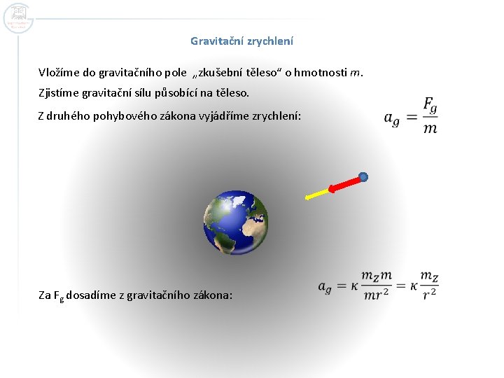 Gravitační zrychlení Vložíme do gravitačního pole „zkušební těleso“ o hmotnosti m. Zjistíme gravitační sílu