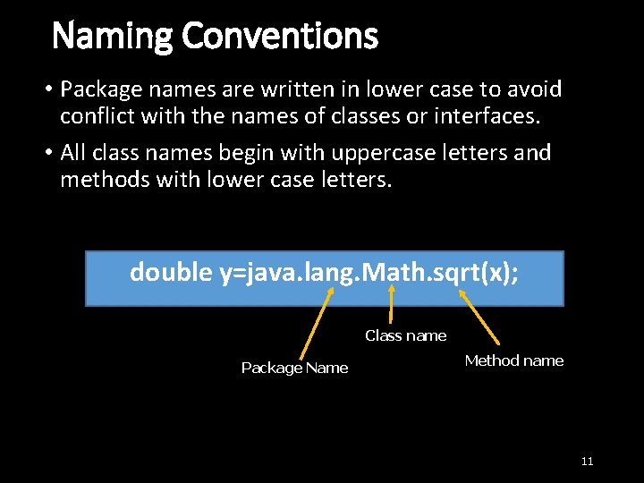 Naming Conventions • Package names are written in lower case to avoid conflict with