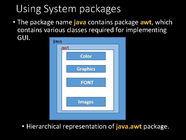 Using System packages • The package name java contains package awt, which contains various