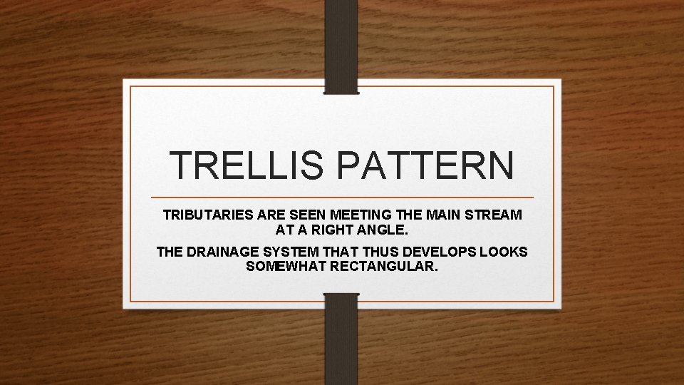 TRELLIS PATTERN TRIBUTARIES ARE SEEN MEETING THE MAIN STREAM AT A RIGHT ANGLE. THE