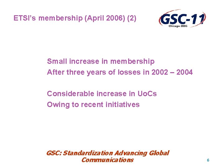 ETSI’s membership (April 2006) (2) Small increase in membership After three years of losses