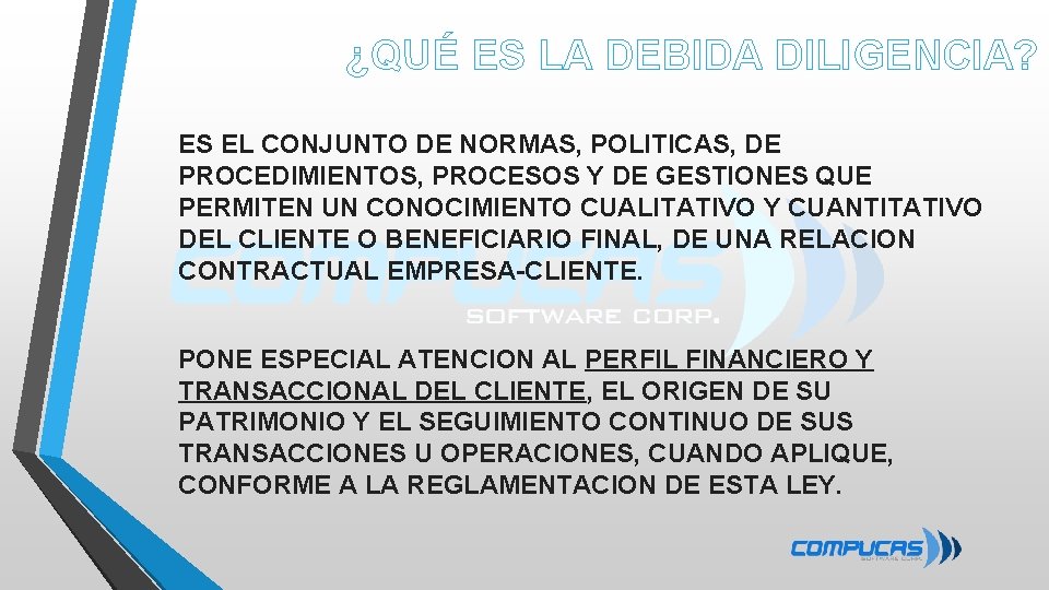 ¿QUÉ ES LA DEBIDA DILIGENCIA? ES EL CONJUNTO DE NORMAS, POLITICAS, DE PROCEDIMIENTOS, PROCESOS