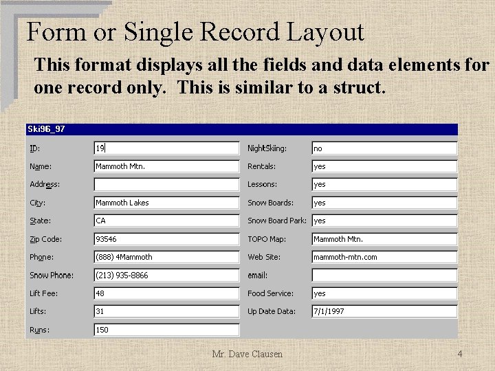 Form or Single Record Layout This format displays all the fields and data elements