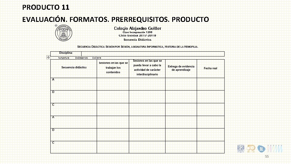 PRODUCTO 11 EVALUACIÓN. FORMATOS. PRERREQUISITOS. PRODUCTO 55 