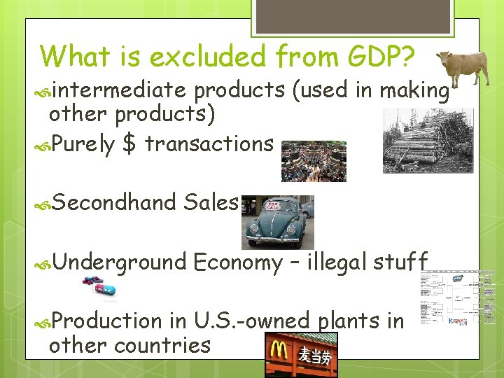 What is excluded from GDP? intermediate products (used in making other products) Purely $