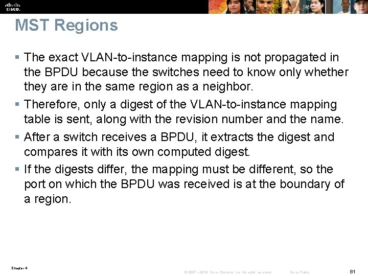 MST Regions § The exact VLAN-to-instance mapping is not propagated in the BPDU because