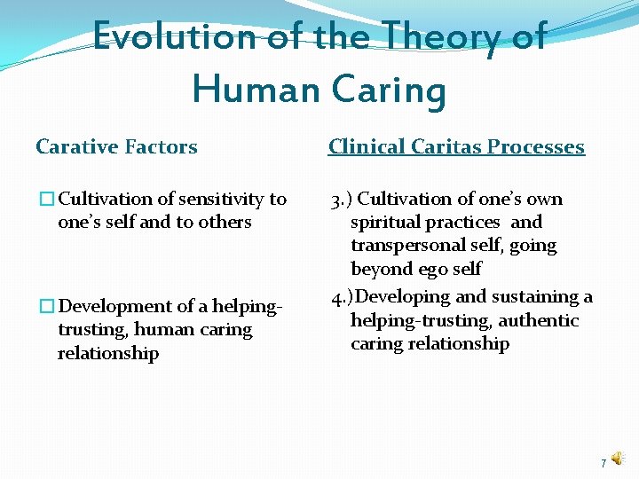 Evolution of the Theory of Human Caring Carative Factors Clinical Caritas Processes �Cultivation of