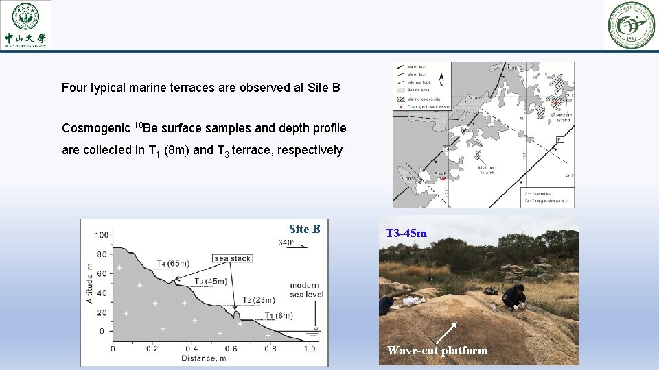 Four typical marine terraces are observed at Site B Cosmogenic 10 Be surface samples Four typical marine terraces are observed at Site B Cosmogenic 10 Be surface samples