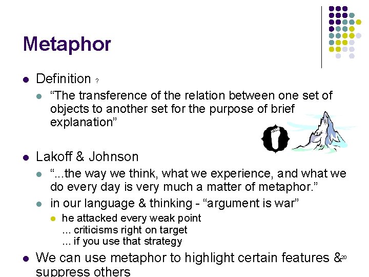 Metaphor l Definition ? l l “The transference of the relation between one set