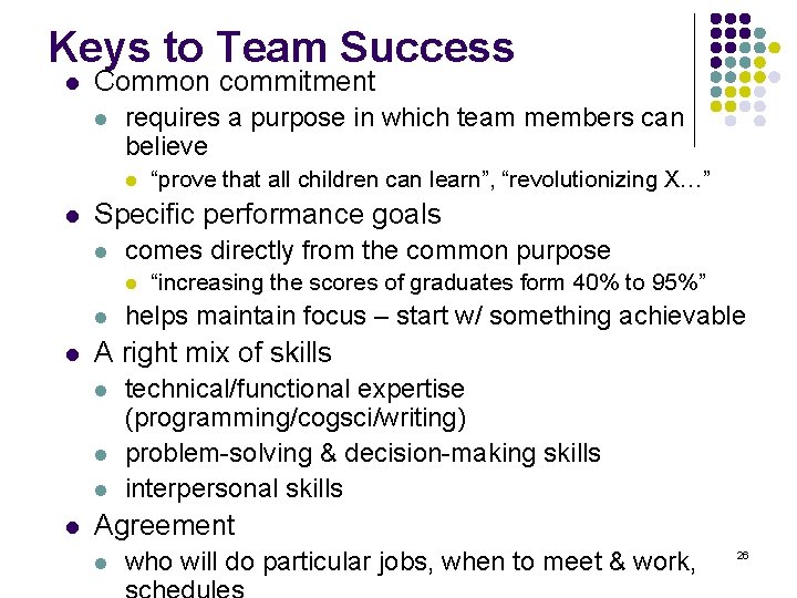 Keys to Team Success l Common commitment l requires a purpose in which team