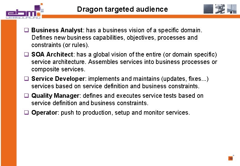 Dragon targeted audience q Business Analyst: has a business vision of a specific domain.