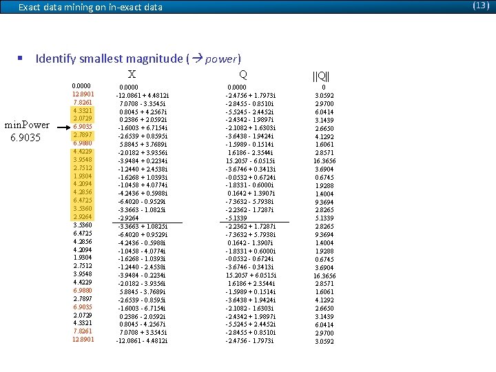 (13) Exact data mining on in-exact data § Identify smallest magnitude ( power) ||X||