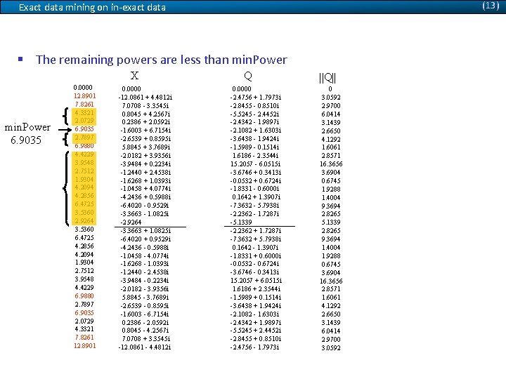 (13) Exact data mining on in-exact data § The remaining powers are less than