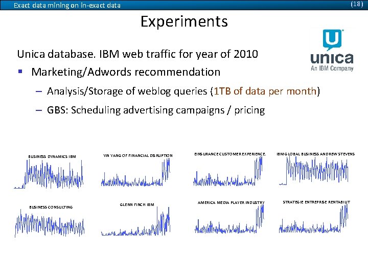 (18) Exact data mining on in-exact data Experiments Unica database. IBM web traffic for