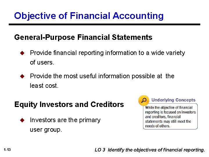 Objective of Financial Accounting General-Purpose Financial Statements u Provide financial reporting information to a