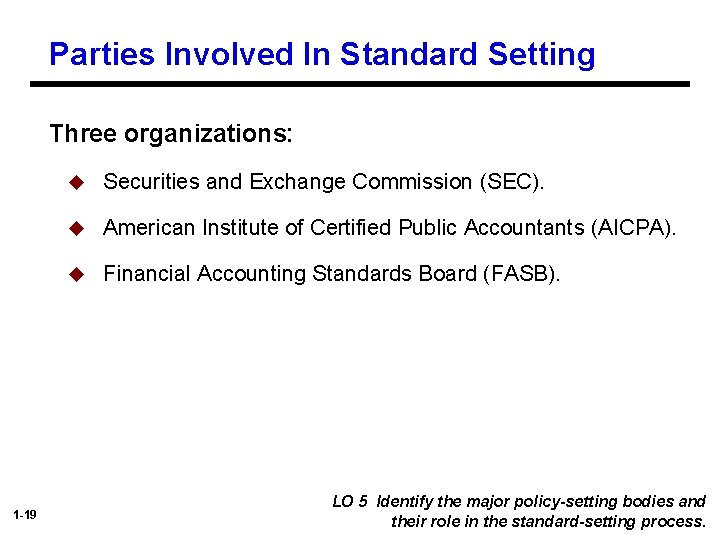 Parties Involved In Standard Setting Three organizations: 1 -19 u Securities and Exchange Commission