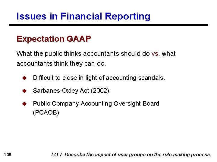 Issues in Financial Reporting Expectation GAAP What the public thinks accountants should do vs.