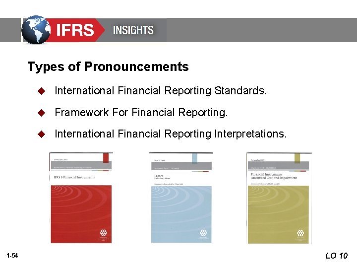 Types of Pronouncements 1 -54 u International Financial Reporting Standards. u Framework For Financial