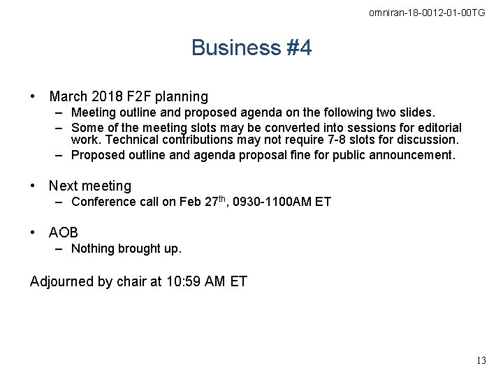 omniran-18 -0012 -01 -00 TG Business #4 • March 2018 F 2 F planning