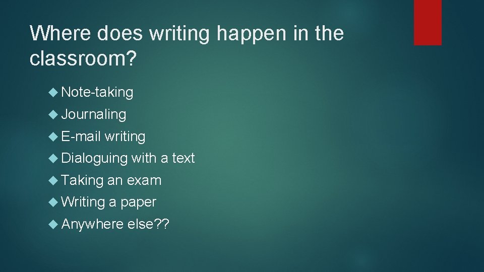 Where does writing happen in the classroom? Note-taking Journaling E-mail writing Dialoguing with a