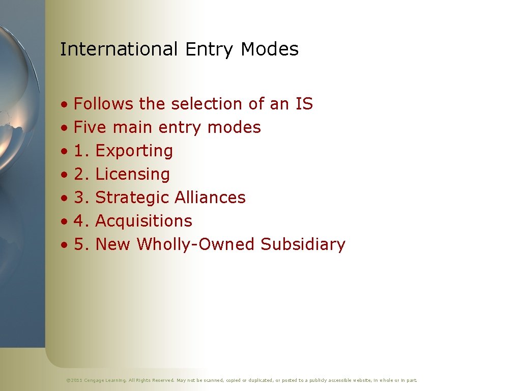 International Entry Modes • Follows the selection of an IS • Five main entry