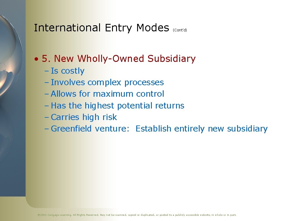 International Entry Modes (Cont’d) • 5. New Wholly-Owned Subsidiary – Is costly – Involves