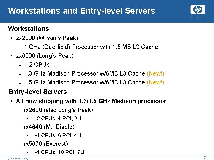 Workstations and Entry-level Servers Workstations • zx 2000 (Wilson’s Peak) – 1 GHz (Deerfield)