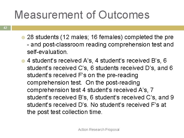 Measurement of Outcomes 42 28 students (12 males; 16 females) completed the pre -