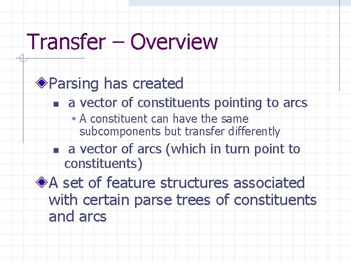Transfer – Overview Parsing has created n a vector of constituents pointing to arcs Transfer – Overview Parsing has created n a vector of constituents pointing to arcs
